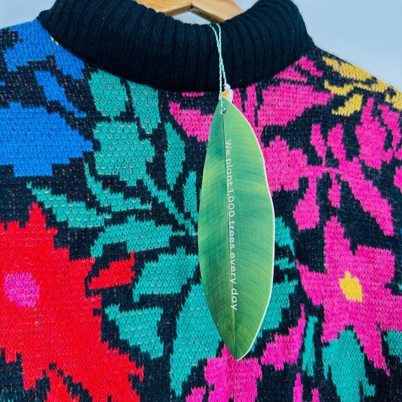 Farm Rio Tropical Garden Vibrant Multi Puff Sleeve Turtleneck Sweater Dress S - Picture 6 of 10